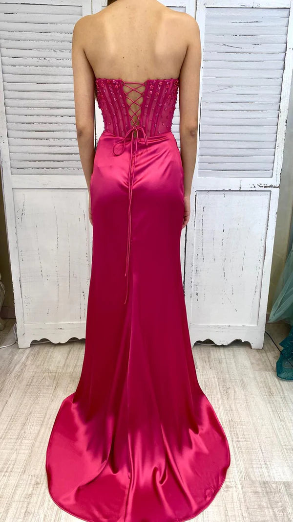 Beautiful Hot Pink Strapless Sweetheart Neck Slit Satin Floor Length Prom Dress Evening Gown TP2773