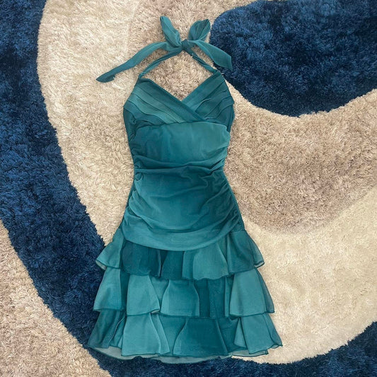 Beautiful Gradient Blue Halter Neck V Neck Chiffon Mini Party Dress Homecoming Dress TP2778