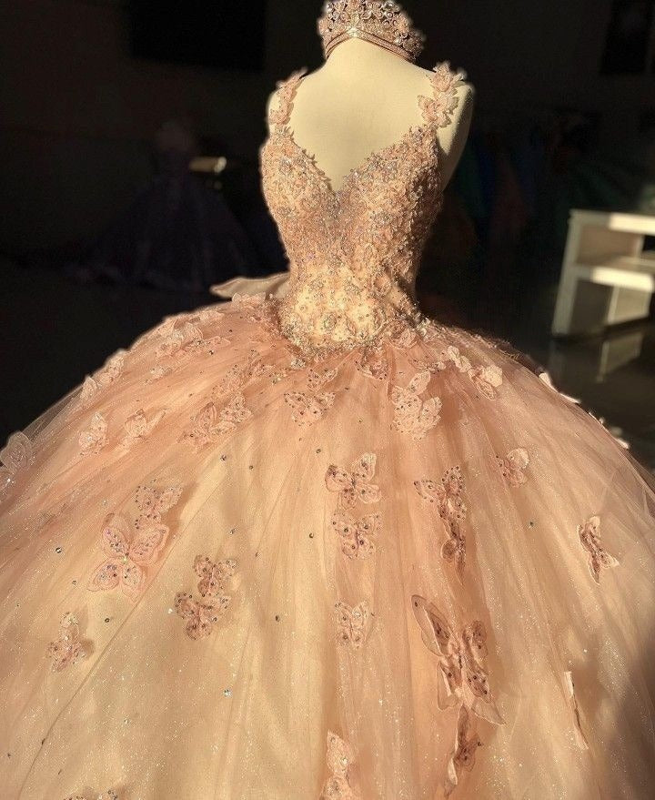 Sweet Pink Shoulder Strap Sequined Bowknot Sweet 16 Quinceanera V-neck Butterfly A-line Tulle Prom Dress Ball Gown TP2785