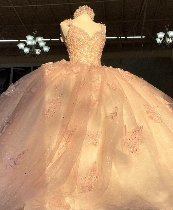 Sweet Pink Shoulder Strap Sequined Bowknot Sweet 16 Quinceanera V-neck Butterfly A-line Tulle Prom Dress Ball Gown TP2785