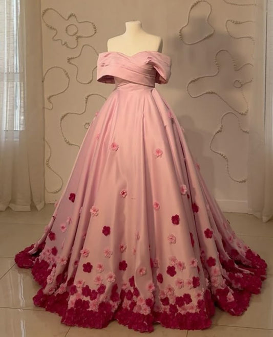 18th Birthday Pink Off Shoulder Satin 3D Flower A-Line Long Party Dress Prom Dress TP2787
