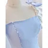 Blue Short Sleeve Saitn Formal Evening Dress, Cute A-Line Junior Prom Dress TP444