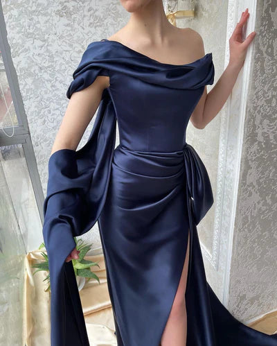 AMAZING LONG NAVY OFF-THE-SHOULDER MERMAID EVENING PARTY GOWNS LONG SLIT TP56