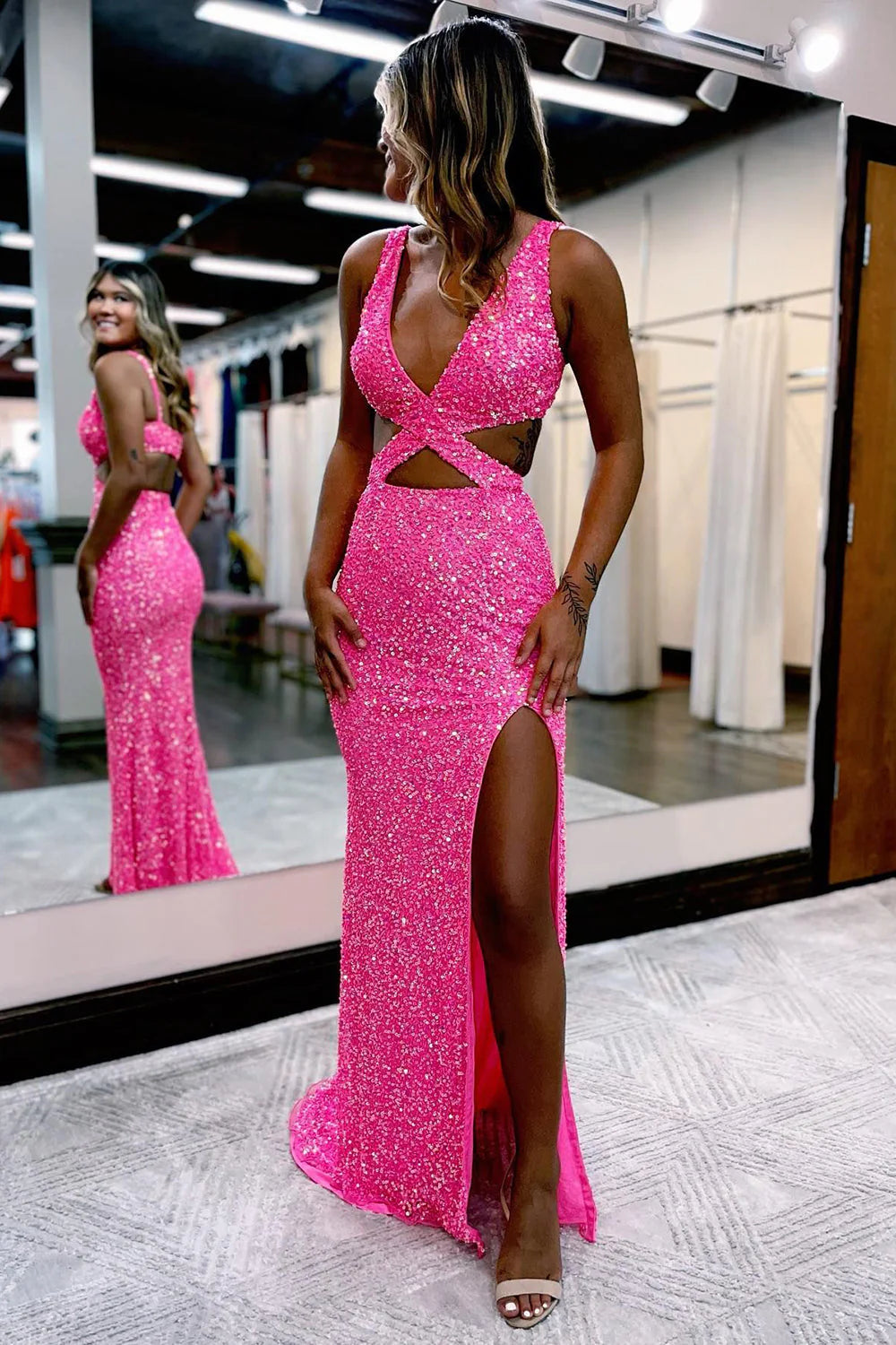 Hot Pink Sequin Cross-Front Cutout Long Prom Dress with Slit TP71