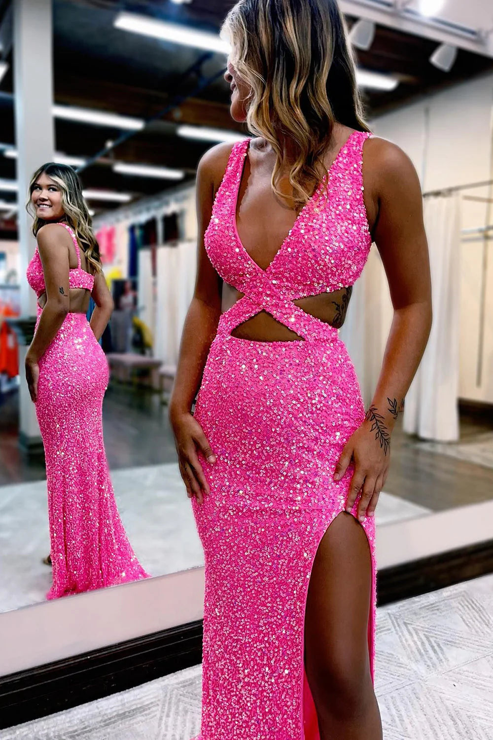 Hot Pink Sequin Cross-Front Cutout Long Prom Dress with Slit TP71