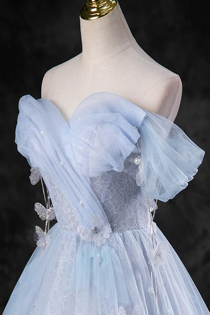 Blue Pearl Tulle Floor Length Prom Dress, A-Line Off the Shoulder Formal Party Dress TP95