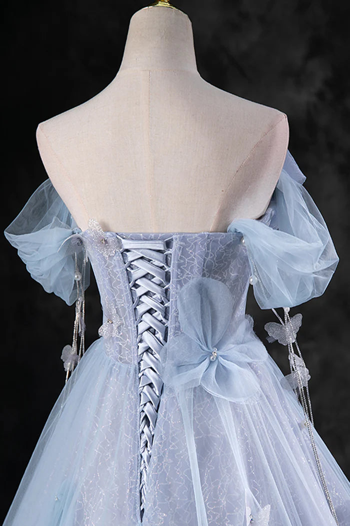 Blue Pearl Tulle Floor Length Prom Dress, A-Line Off the Shoulder Formal Party Dress TP95