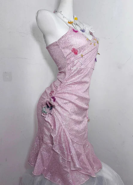 Glitter Pink Sequin Spaghetti Strap Butterfly Design 16th Birthday Party Dress Homecoming Dress TP4042
