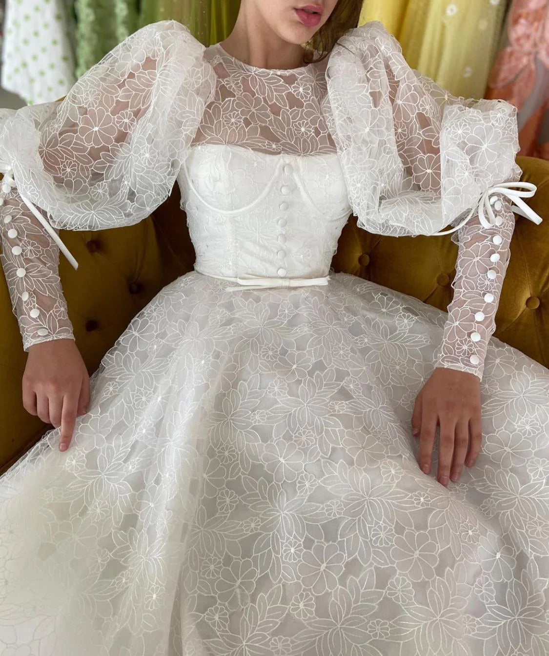 Vintage Ivory High Neck Wedding Dress Puff Long Sleeve Floral Lace A-Line Wedding TP5912