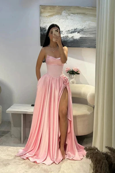 Vintage Pink Satin Strapless Evening Gown Beaded High Slit Party Dress Long Formal Dress TP4971