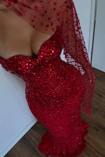 Vintage Red Glittering Beaded Evening Gown Sheath Strapless Sweetheart Party Dress Long Formal Dress TP4967