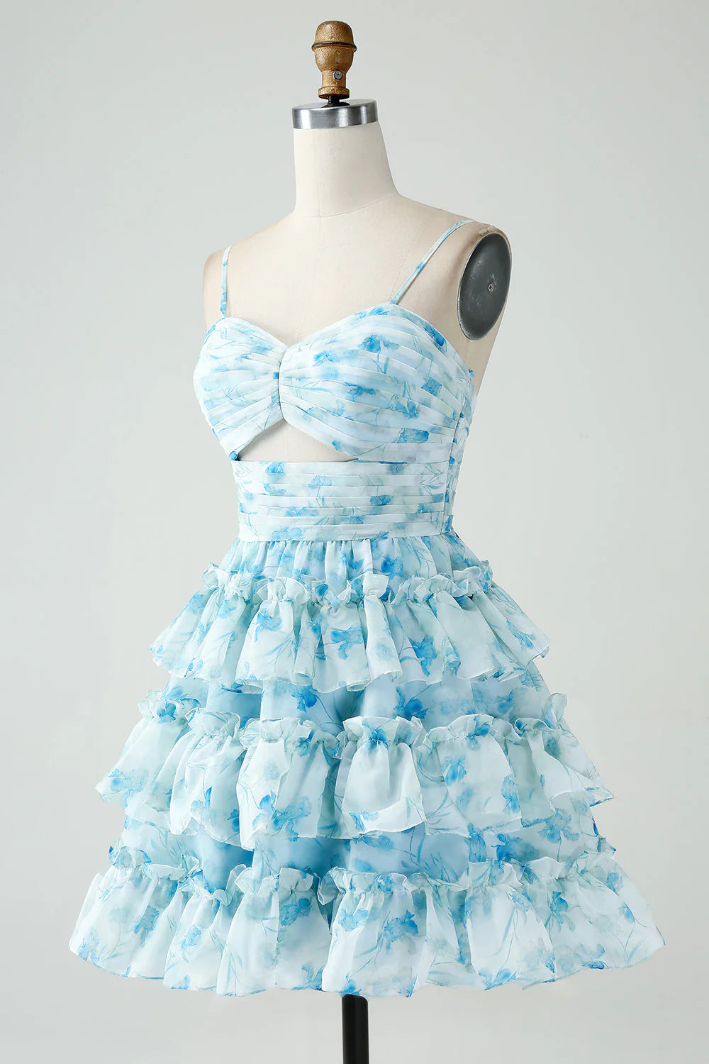 Vintage Light Blue Floral Design A-line Spaghetti Strap Tiered Homecoming Dress TP3455