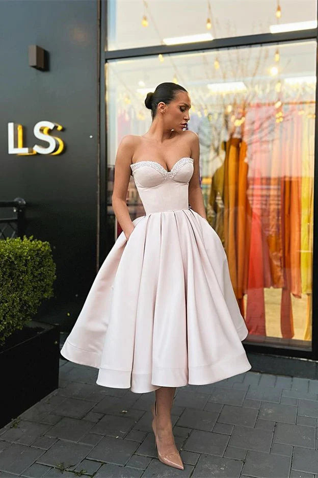 Retro Light Pink Sweetheart Strapless Design A-line Satin Party Dress Homecoming Dress TP4052