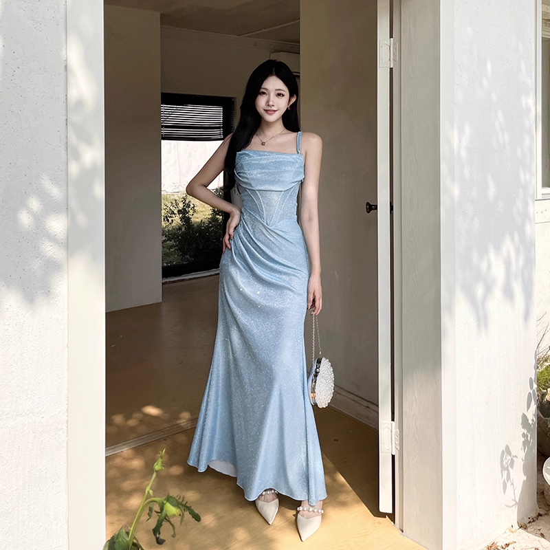 Vintage Shiny Light Blue Spaghetti Strap Mermaid Long Summer Dresses Prom Dress Evening Dress TP4359