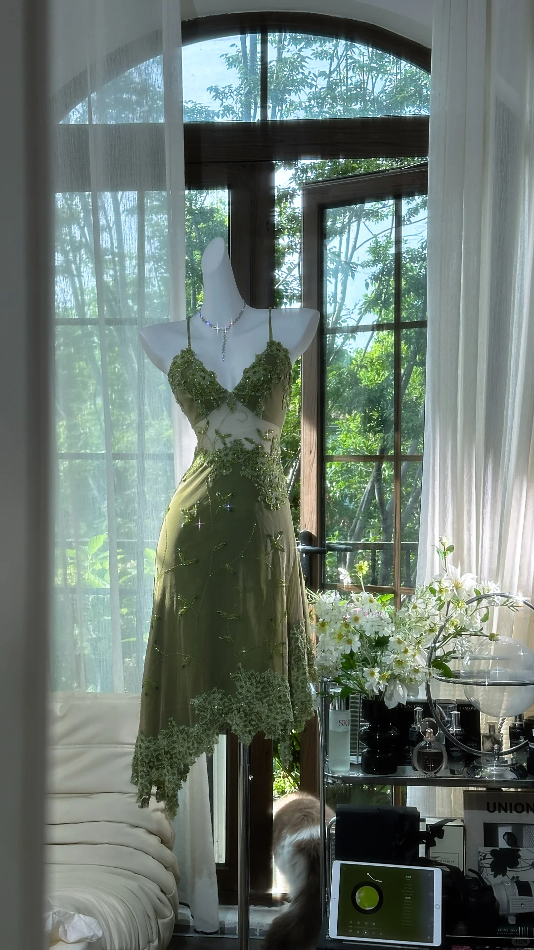 Retro Green Sequin Spaghetti Strap Romantic Sparkling Chiffon Evening Dress Prom Dresses TP3959