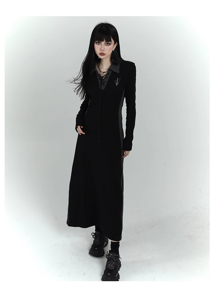 New Fashion Design Sense Long Black Long-sleeved Dress TP2920