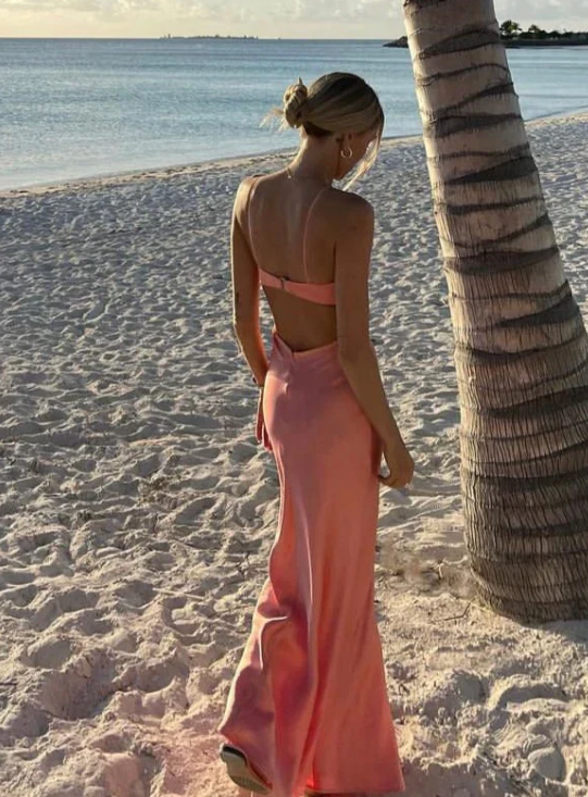 Elegant Pink Prom Dress Satin Sheath Spaghetti Strap Evening Gown Long Party Dress Formal Dress TP4751