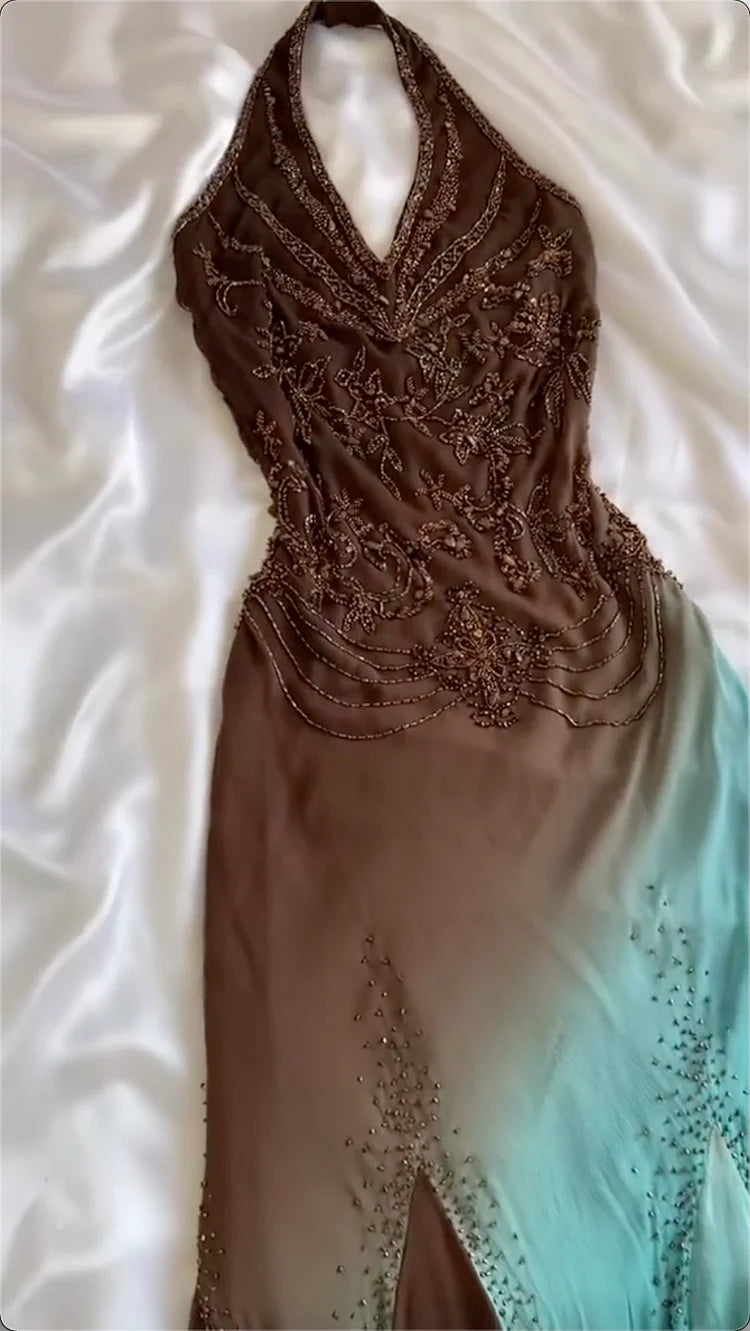 Retro Gradient Gorgeous Exquisite Beaded Halter Dress Long Chiffon Evening Gown Prom Dress TP4076