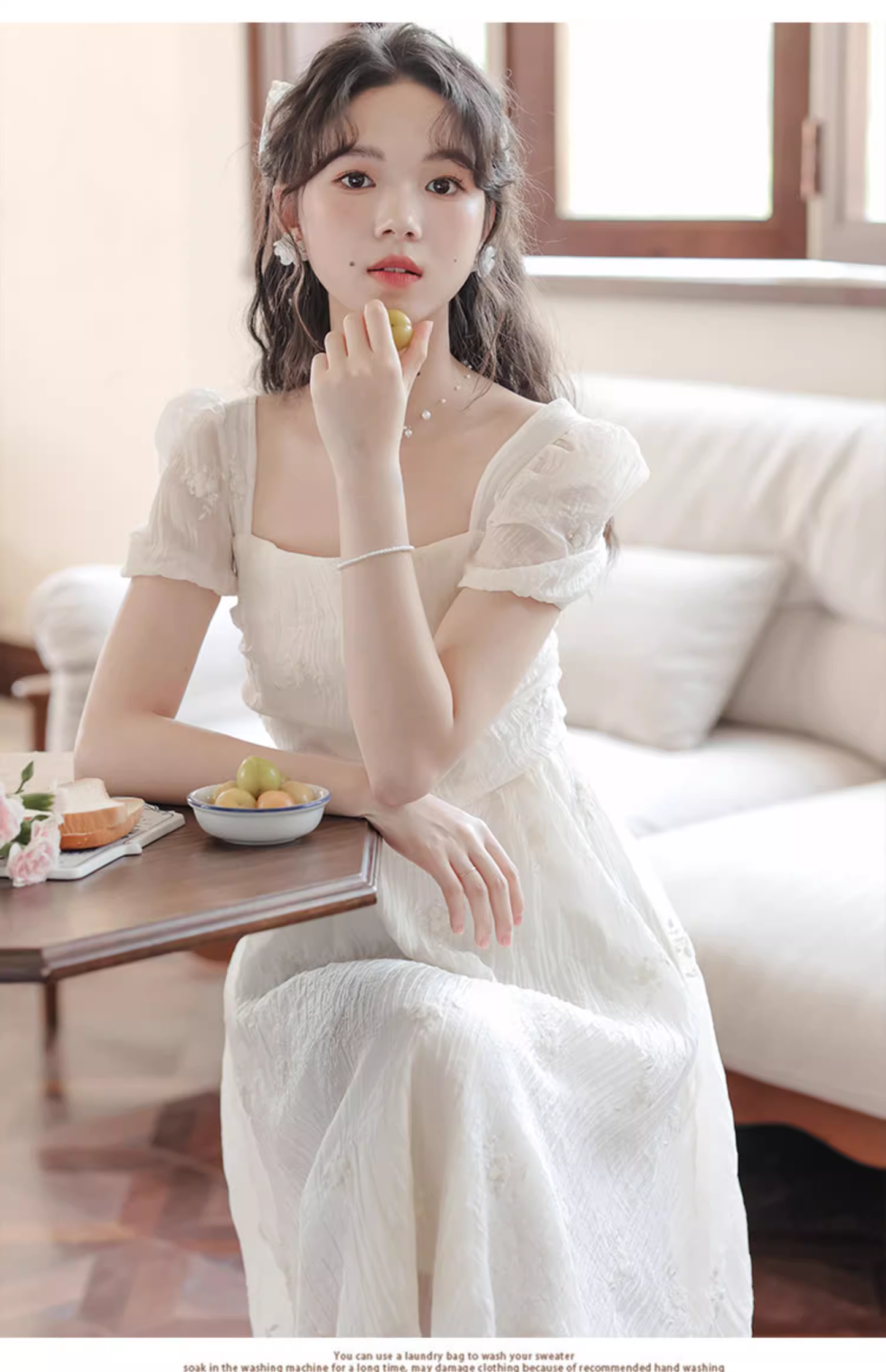 New Fashion Simple Creamy White Short Sleeves Design Women Long Dress TP3050