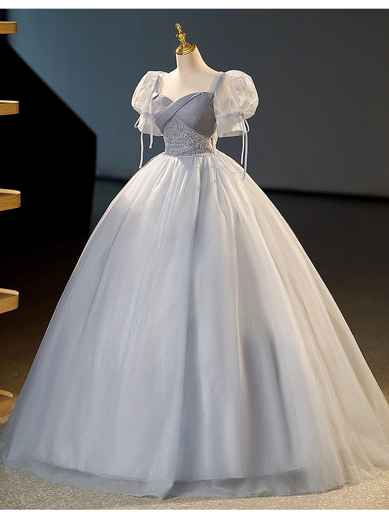 Elegant Dusty Blue A-Line Beaded Evening Gown Tulle Short-sleeved Party Dress Long Formal Dress TP4943