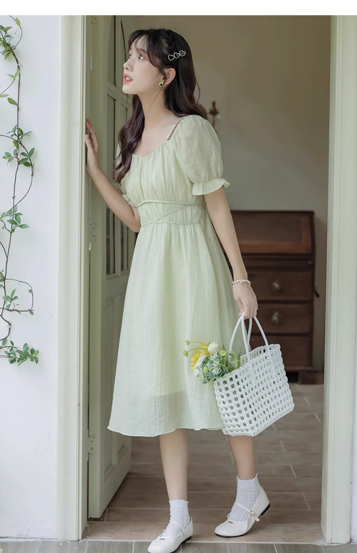 New Simple Fashion Green Short Sleeve Design A-Line Long Dress TP3044