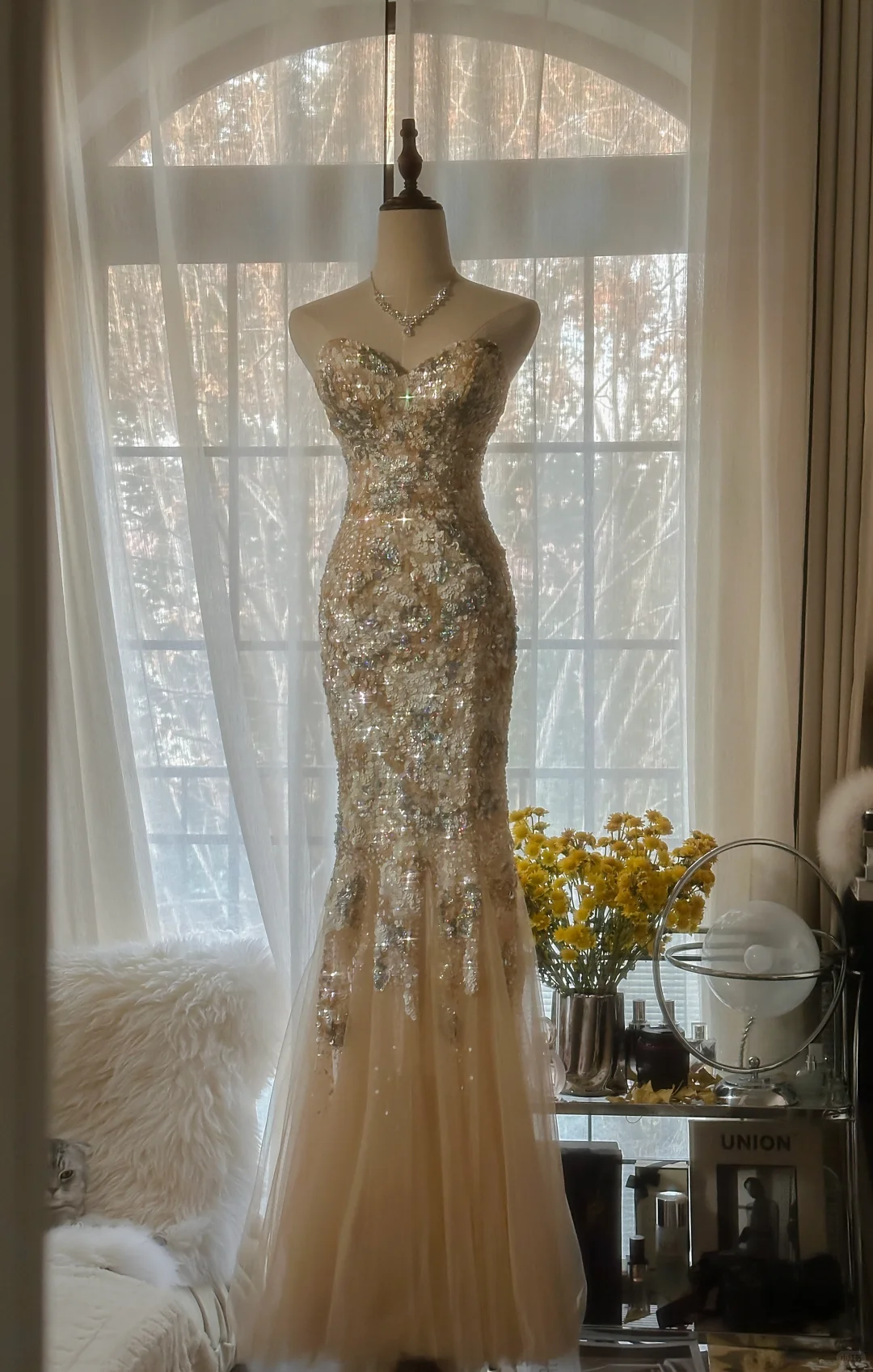 Elegant Mermaid Golden Sparkling Strapless Elegant Beaded Chiffon Evening Dress Prom Dress TP3975