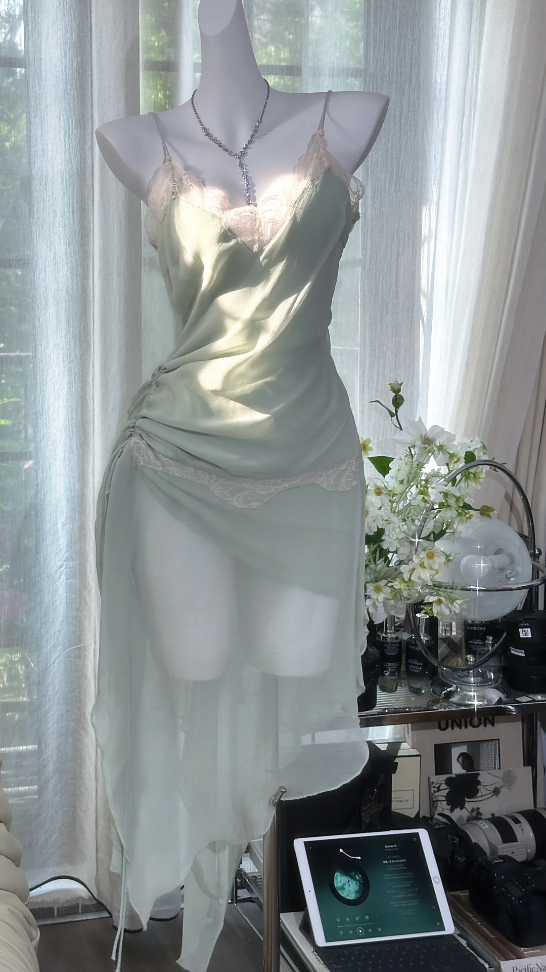 Vintage Mint Green Irregular Lace Hem Spaghetti Strap Design Chiffon Prom Dress Evening Dress  TP4246