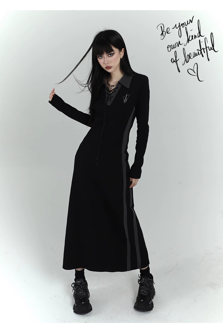 New Fashion Design Sense Long Black Long-sleeved Dress TP2920