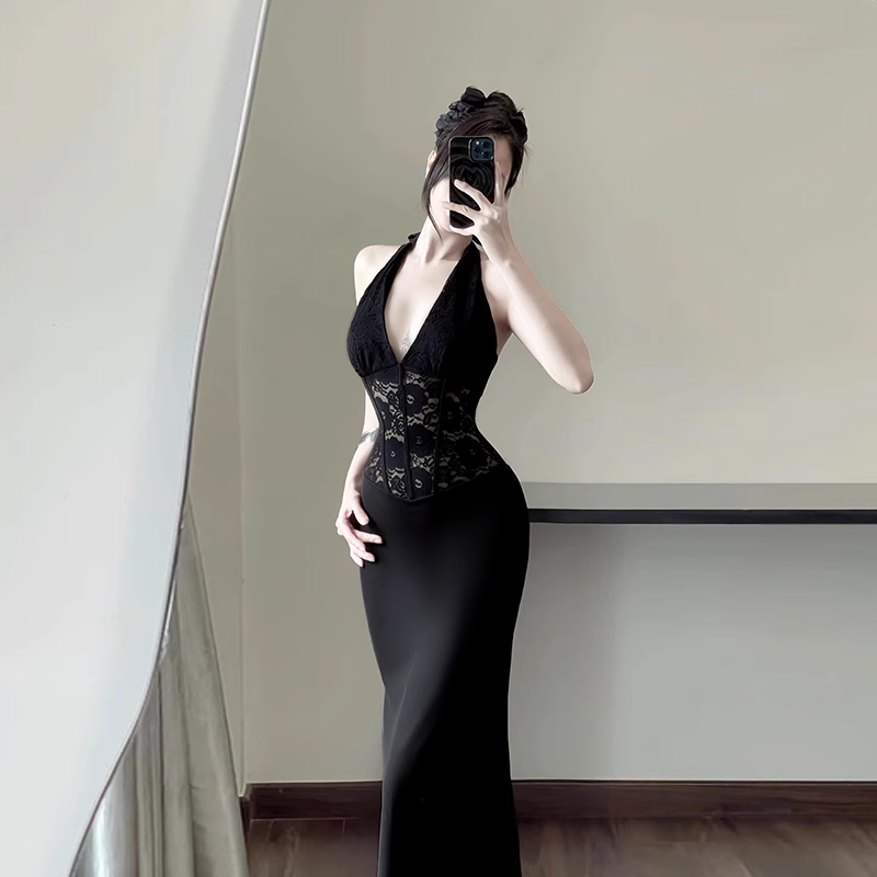 Women New Fashion Black Gauze Satin Halter Dress TP2870