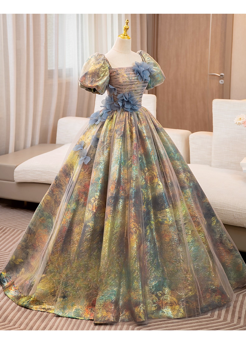 Vintage Court Retro Style Sweet 16 Quinceanera 3D Flowers Short-sleeved Evening Dress Long Ball Gown TP4945