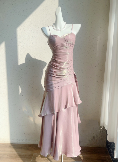 Vintage Sweetheart Sheath Spaghetti Strap Evening Dress Ruffled Long Prom Dress TP4993