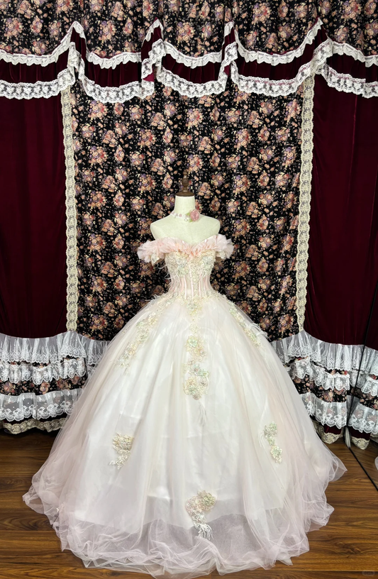 Vintage Pink Sweetheart Off-the-shoulder Tulle Beaded Quinceanera Evening Dress Ball Gown TP4266