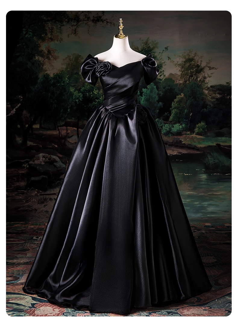 Elegant Black Satin Sweet 16 Quinceanera A-Line Off-the-shoulder Evening Dress Ruffled Ball Gown TP4934