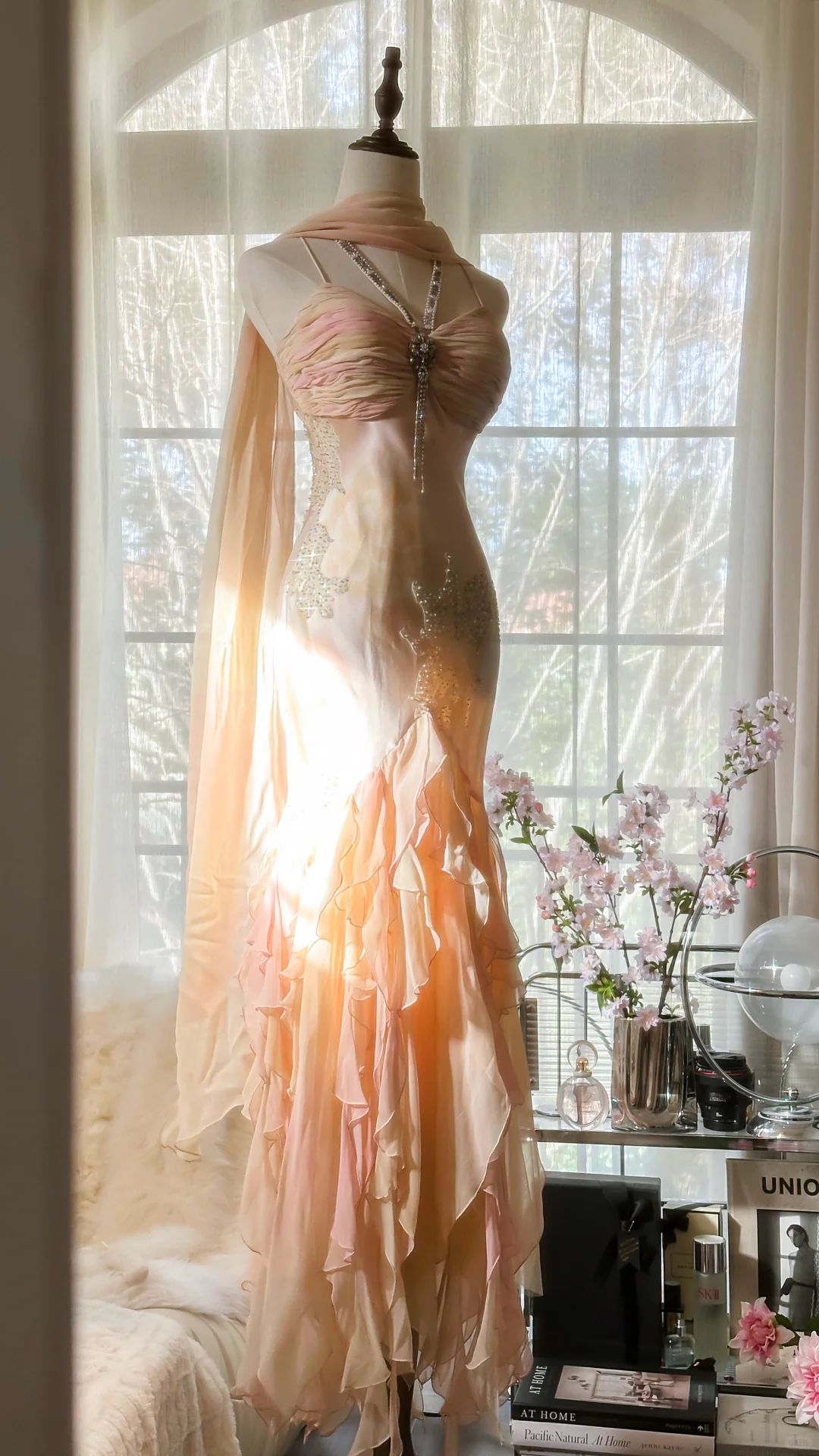 Vintage Mermaid Beaded Floral Design Romantic Chiffon Evening Dress Prom Dress TP4014