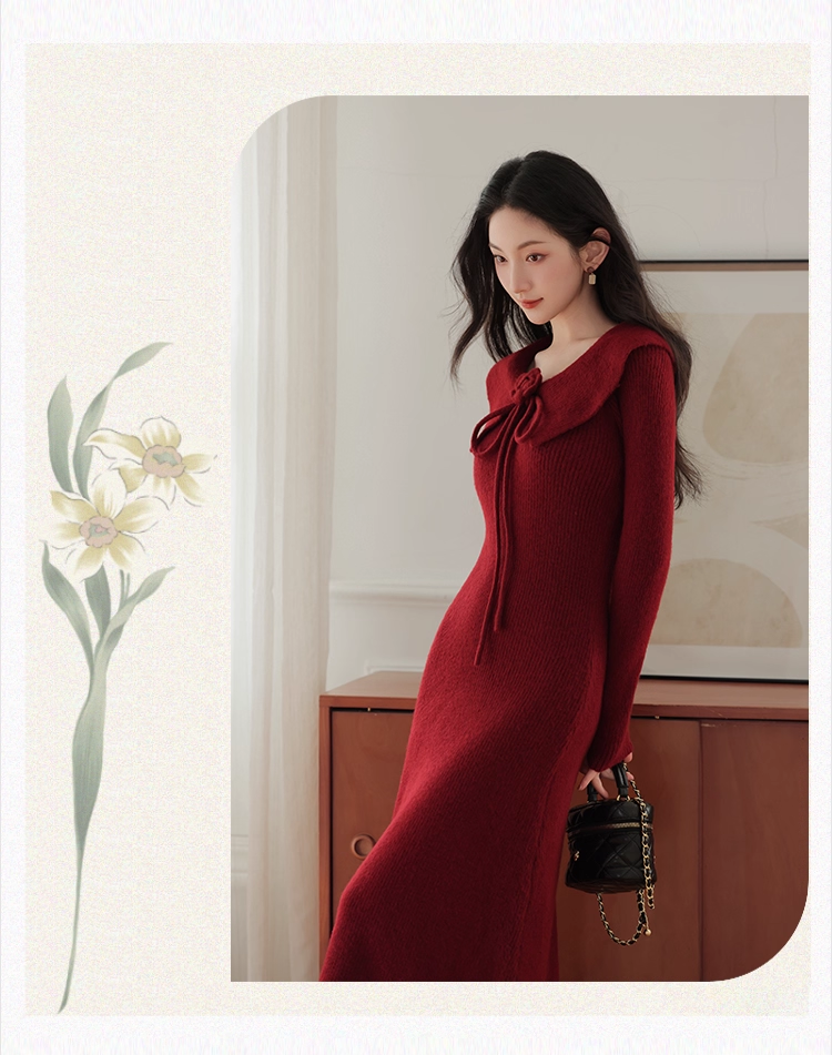 Vintage Burgundy Sheath Prom Dress Long-sleeve Evening Dress Knit Long Formal Dress TP4729