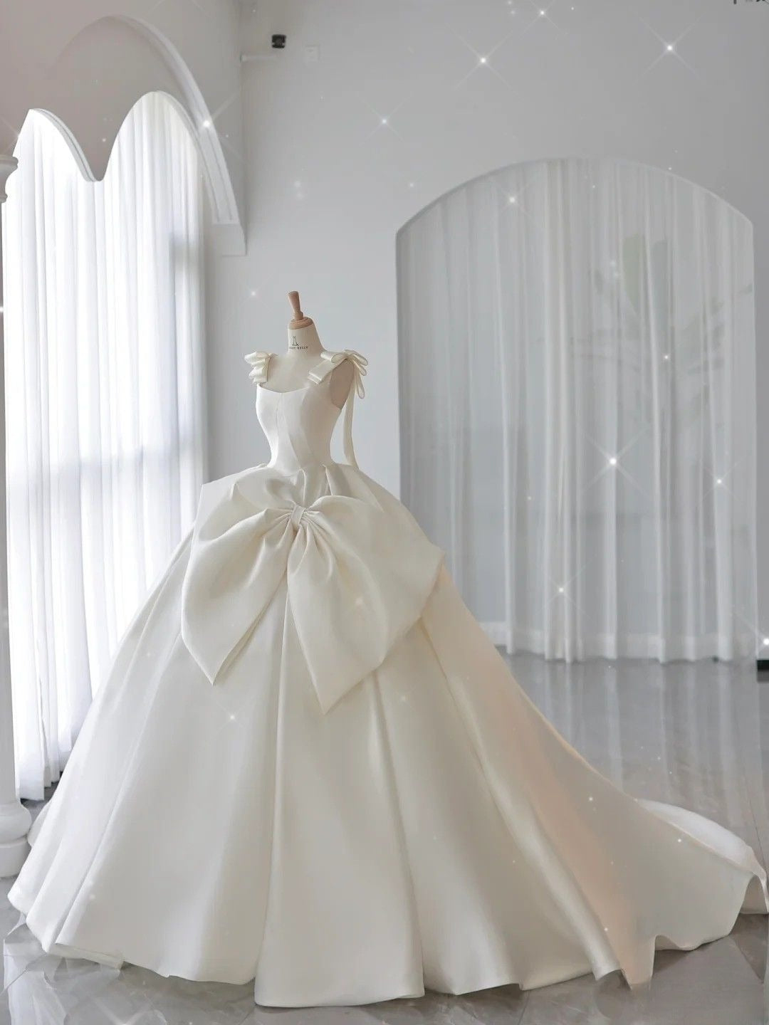 Vintage-Inspired Bow-Accented Satin Wedding Dress A-Line Bridal Gown TP5097