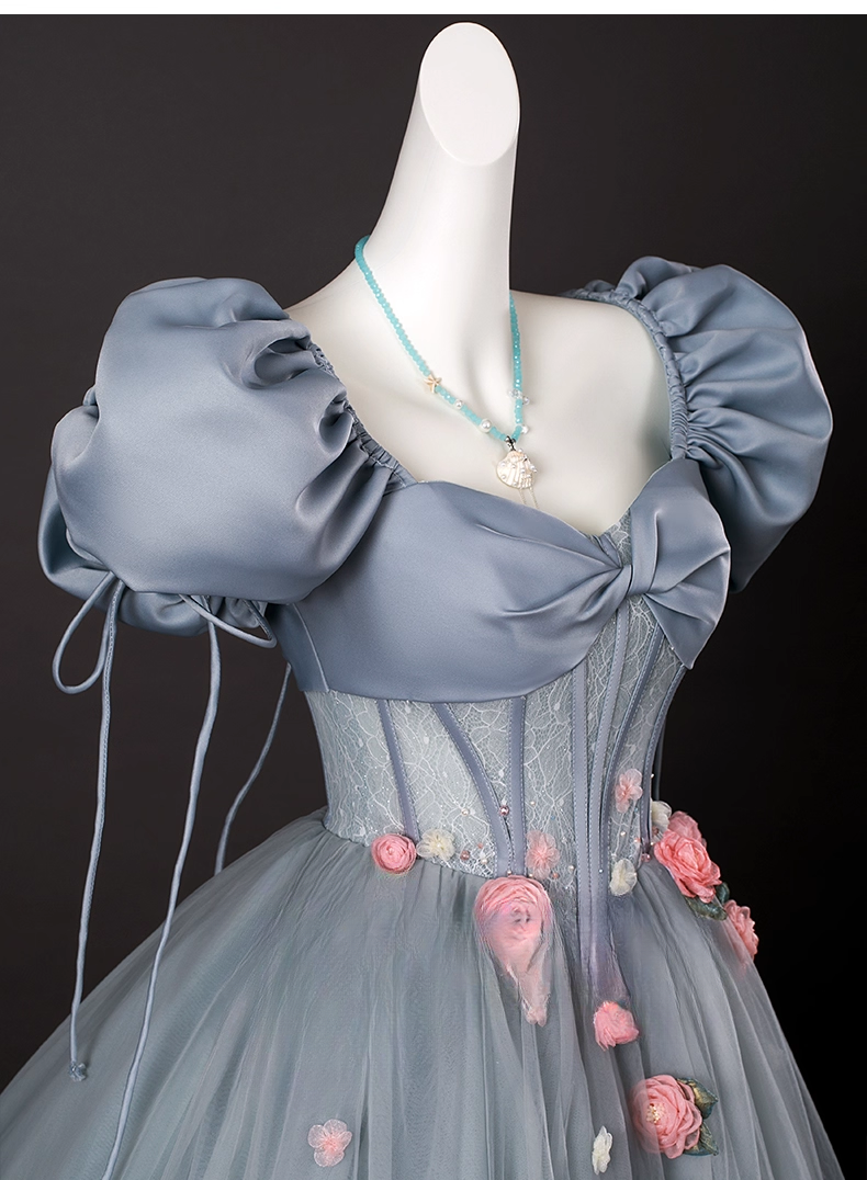 Chic Dusty Blue Sweet 16 Quinceanera 3D Flowers A-Line Puffy Sleeves Evening Dress Long Ball Gown TP4949