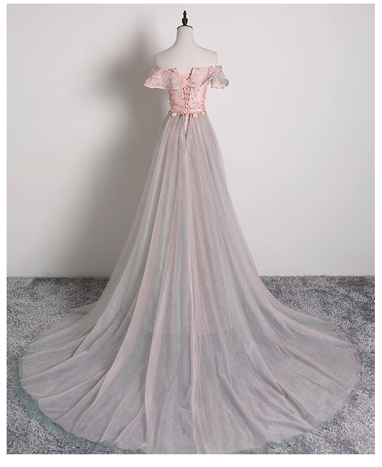 Vintage Pink Floral Applique A-Line Evening Gown Tulle Off-the-shoulder Party Dress Long Formal Dress TP4950