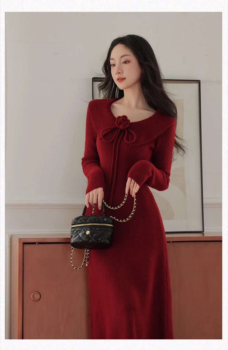 Vintage Burgundy Sheath Prom Dress Long-sleeve Evening Dress Knit Long Formal Dress TP4729