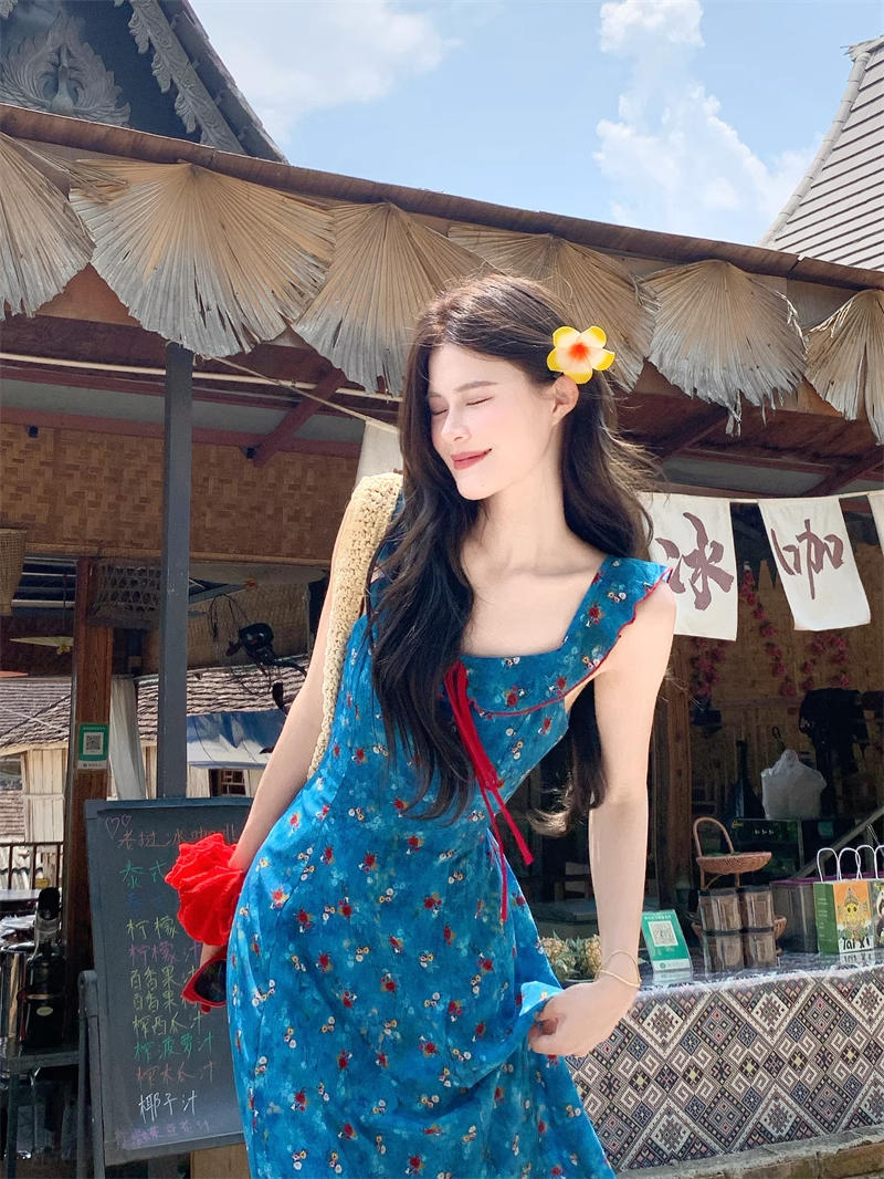 New Fashion Blue Floral Design A-line Square Collar Beach Holiday Sleeveless Dress TP3322