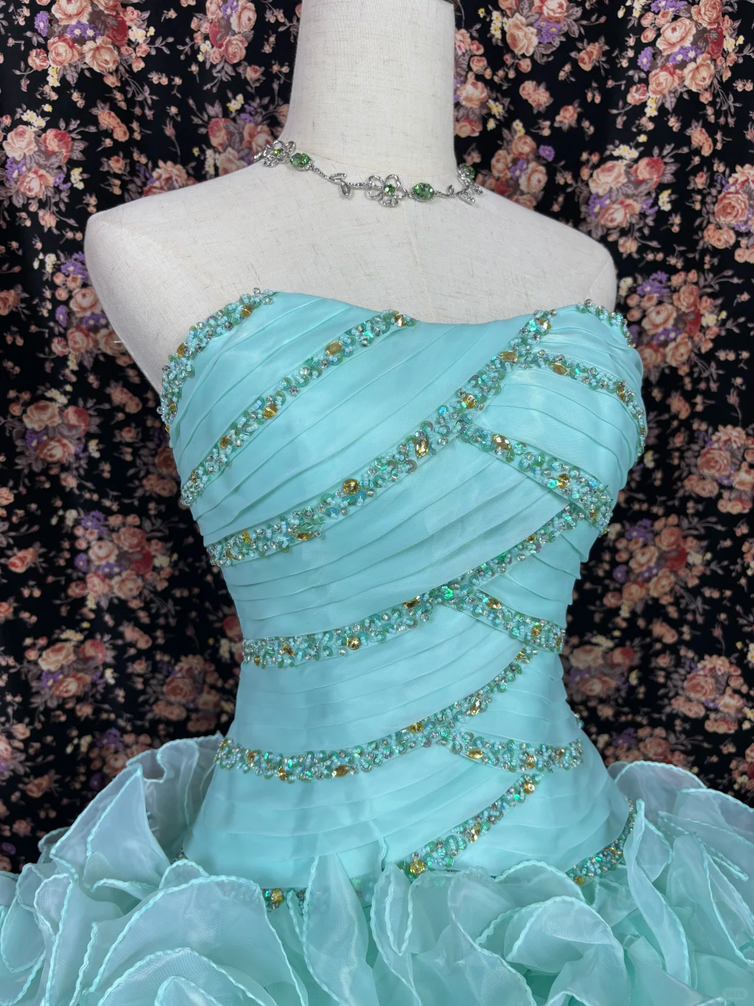 Vintage Blue-green Tulle Beaded Strapless Quinceanera A-Line Evening Dress Prom Dress Ball Gown TP4263