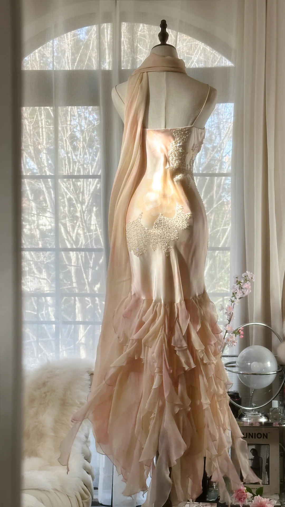 Vintage Mermaid Beaded Floral Design Romantic Chiffon Evening Dress Prom Dress TP4014