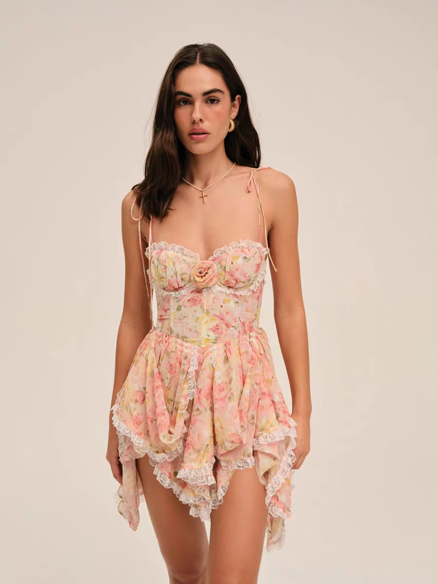 Vintage Lace Floral Spaghetti Strap Ruffled Hem Design A-line Party Dress TP3884
