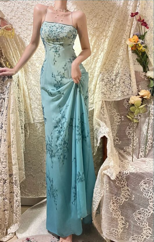 Vintage Gradient Blue Beaded Evening Gown Sheath Spaghetti Strap Party Dress Long Formal Dress TP4979