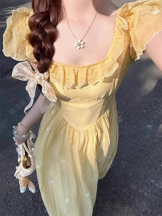 Vintage Faint Yellow A-Line Prom Dress Floral Short-sleeve Evening Dress Chiffon Long Formal Dress TP4725