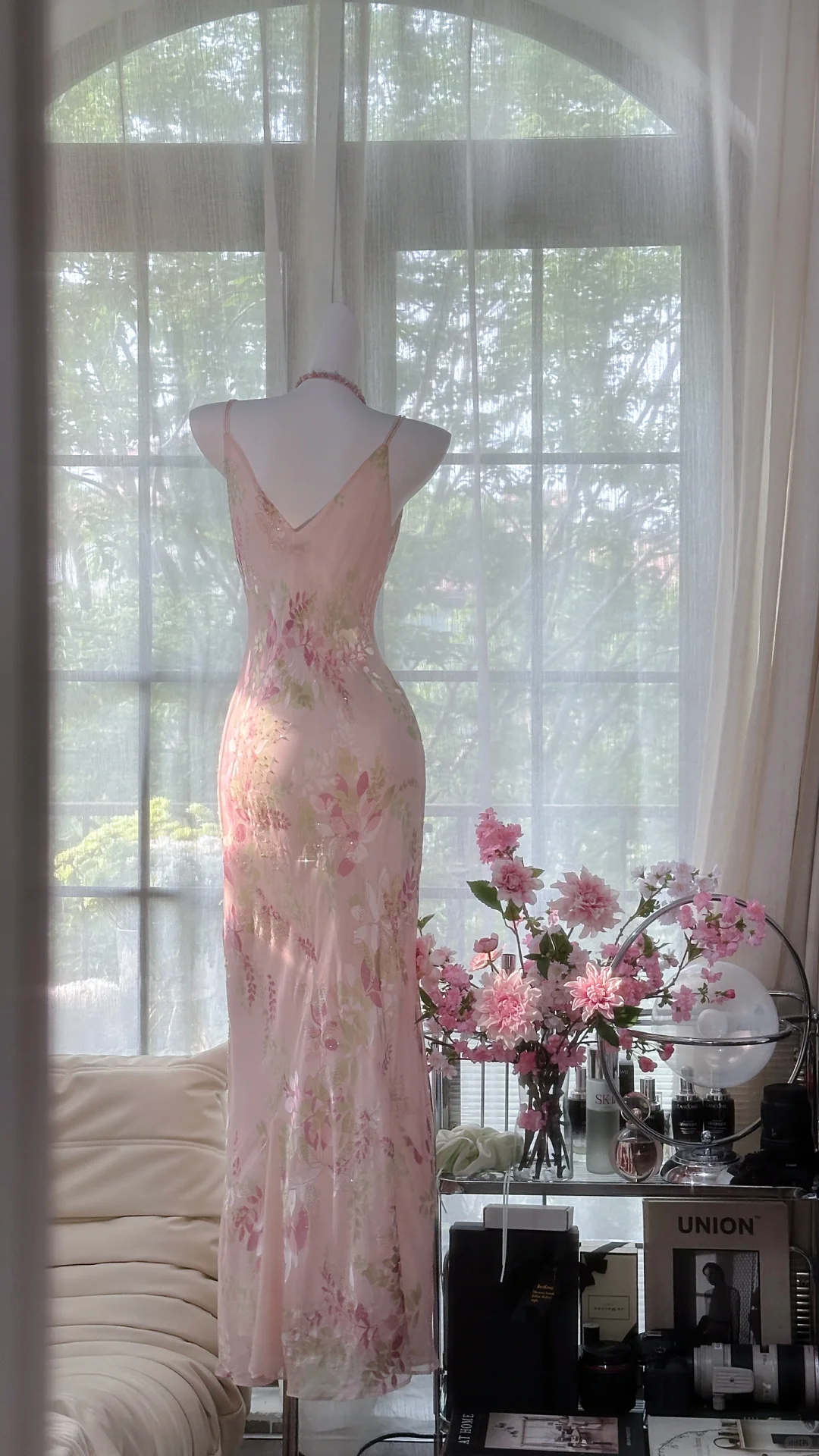 Retro Pink Floral Spaghetti Strap Romantic Chiffon Evening Dress Prom Dresses TP3984