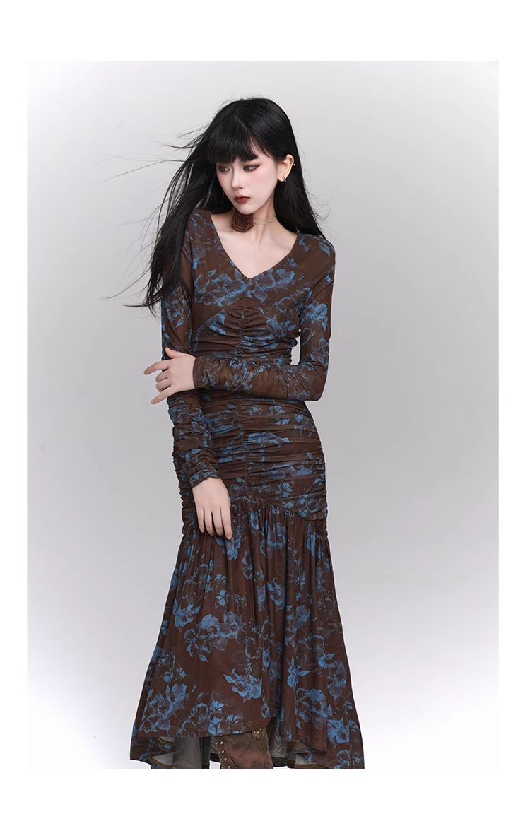 New Fashion Design Floral Pattern Women Long-sleeved Dress TP2946
