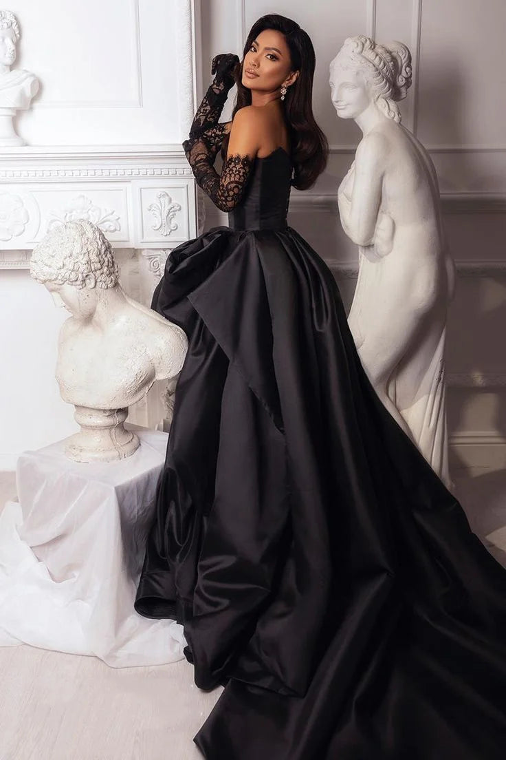 Retro Black Sweetheart Irregular Ruffle Hem Lace Gloves Design Elegant A-Line Satin Evening Dress Prom Dress TP4124