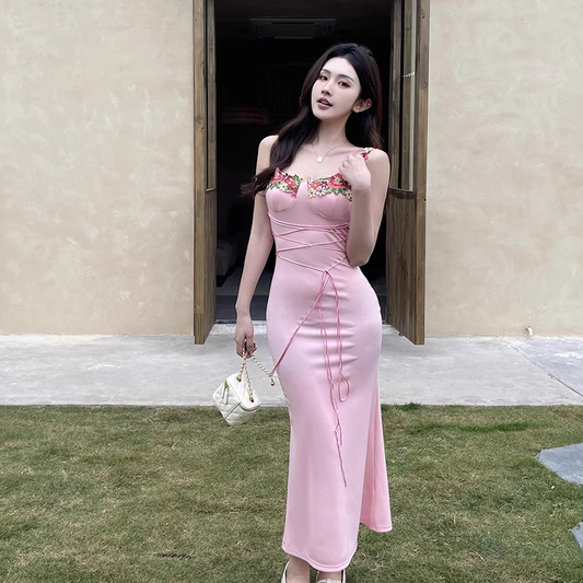 Vintage Applique Floral Spaghetti Strap Mermaid Long Summer Dress Prom Dress Evening Dress TP4353