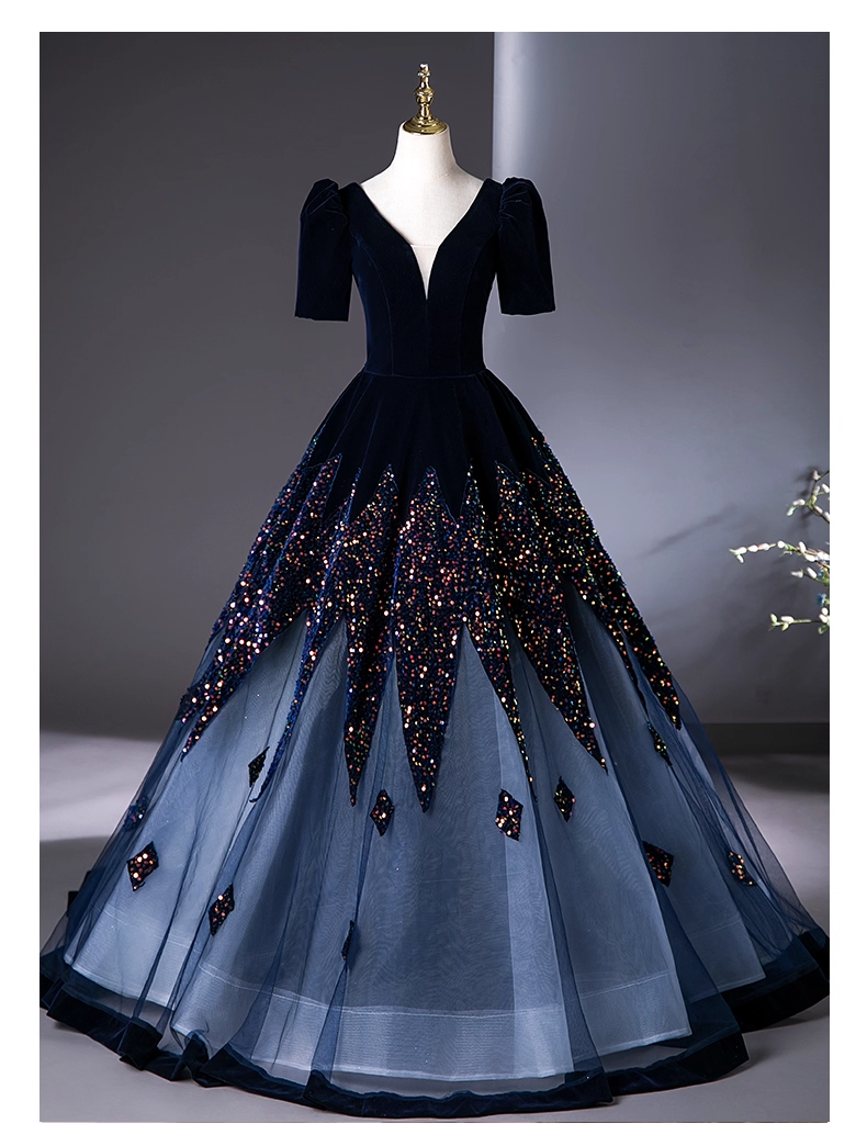 Vintage Navy Blue Velvet Beaded Sweet 16 Quinceanera A-Line V-neck Short-sleeved Evening Dress Long Ball Gown TP4947